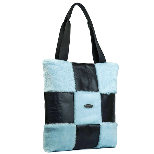 "CHESS BLUE" tote bag * faux fur